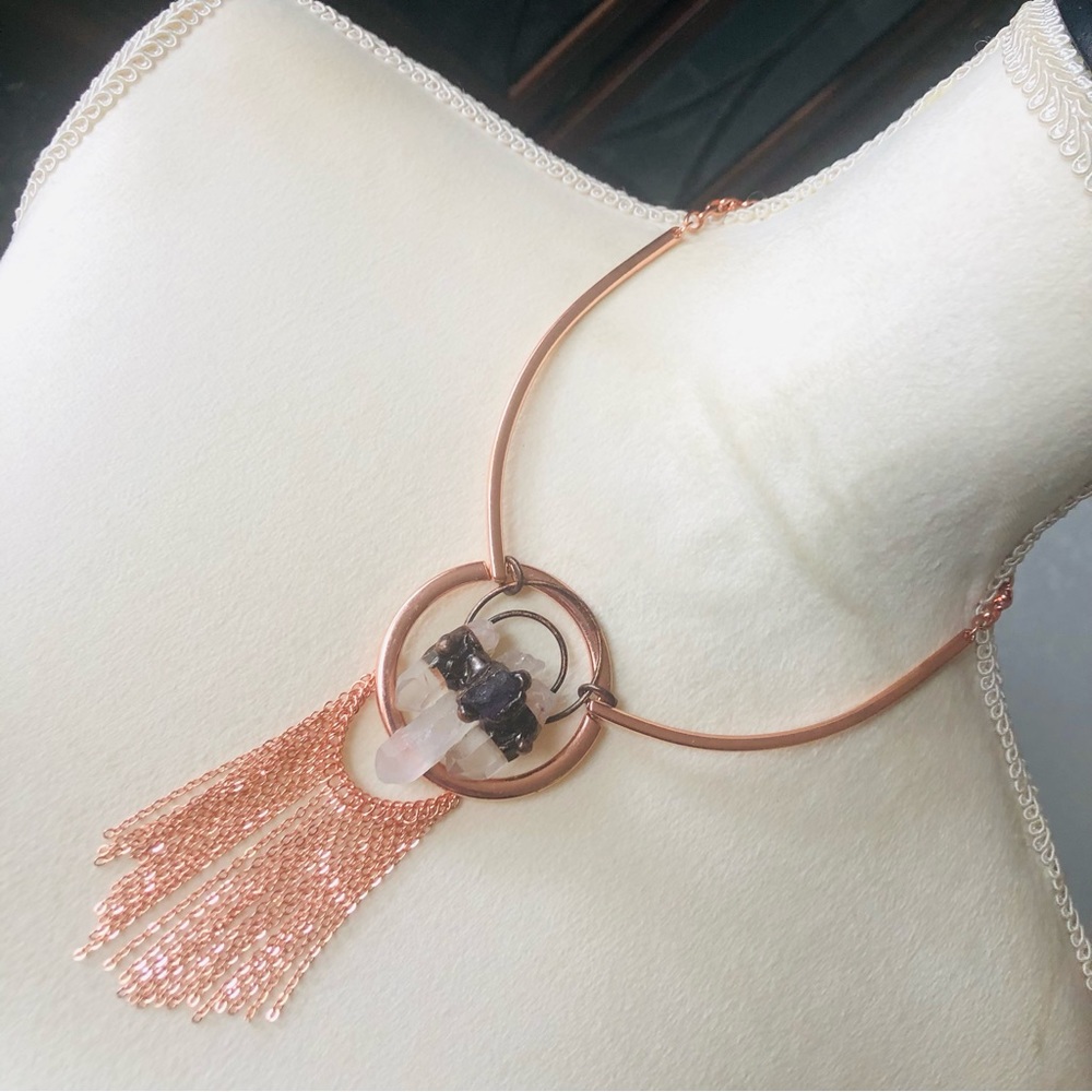 Handcrafted copper amethyst clear quartz fringe pendant necklace